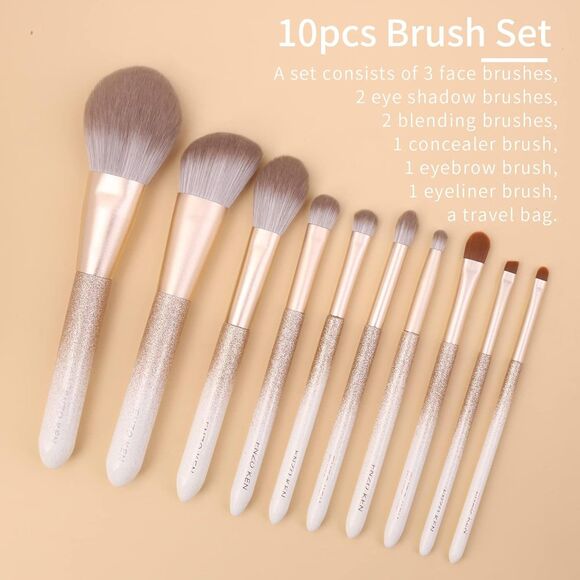 White Professional Natural Bristle Hair Makeup Brushes Set With Case - Picture 3 of 5